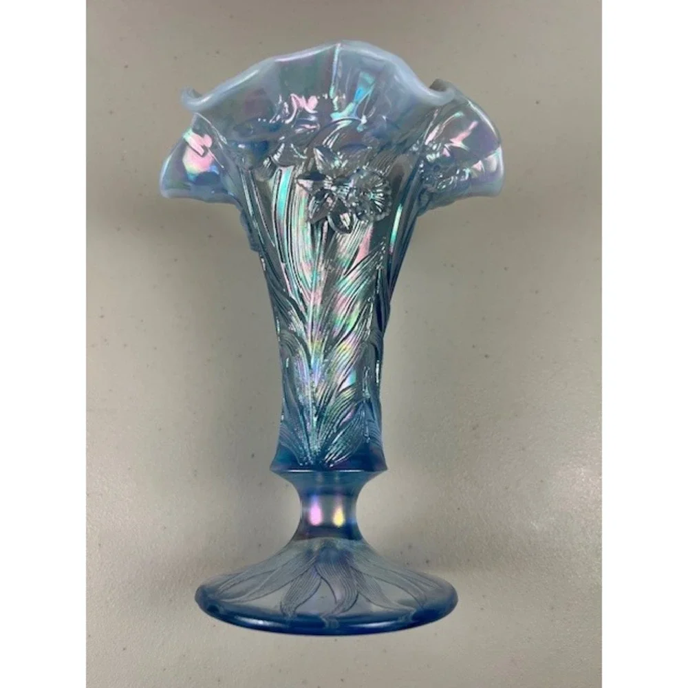 Fenton Ice Blue Iridescent Vase Daffodils Ruffled Edge 7-8